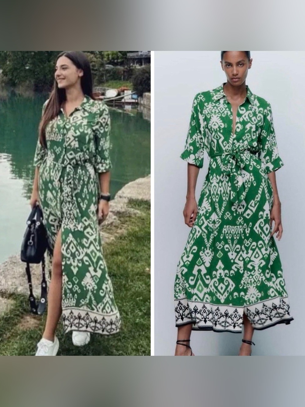 Zara The Alison Green & White Printed Long Maxi Dress Tie Waist Size Small
